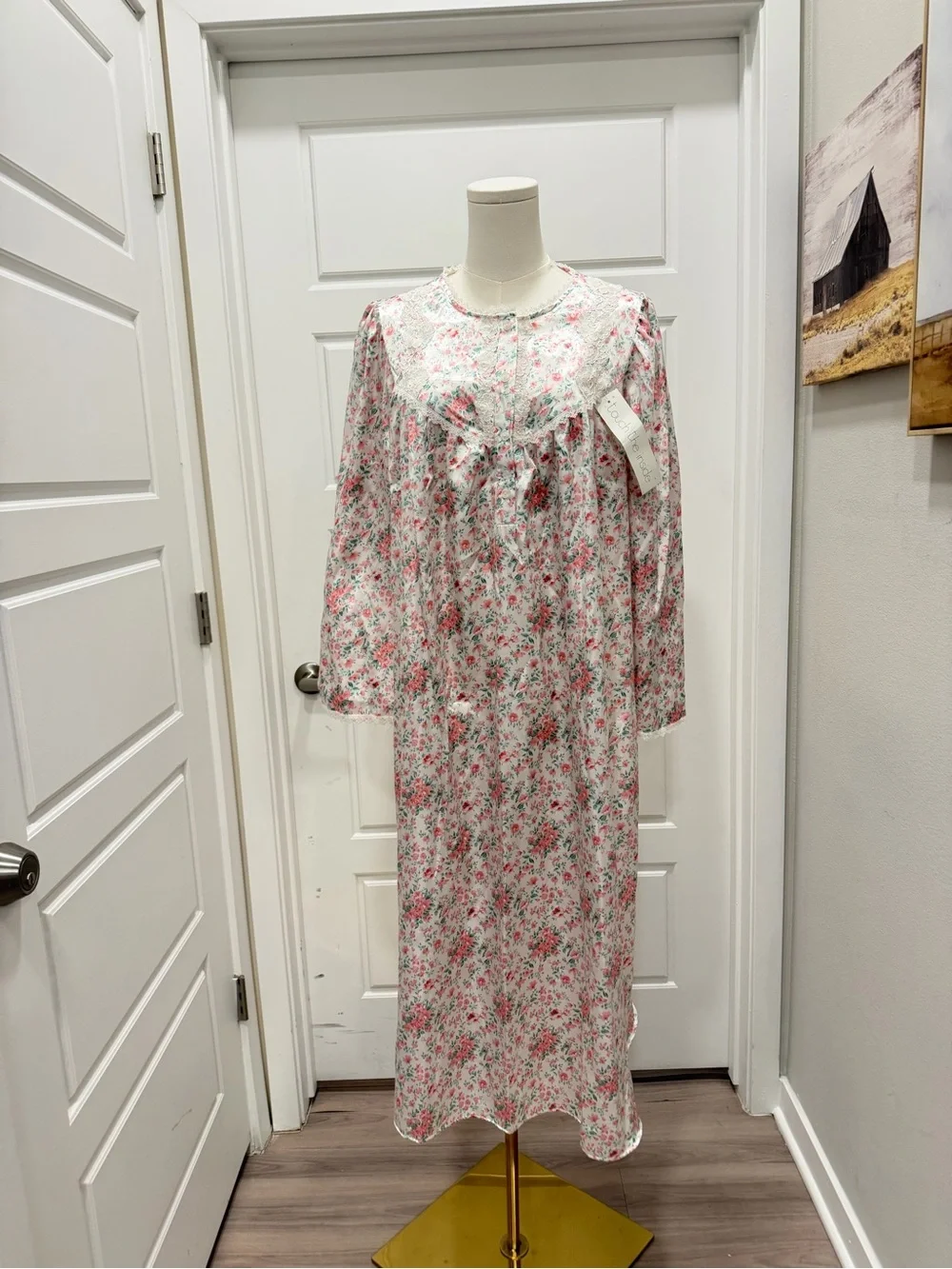 Miss Elaine Floral Long Nightgown with Lace Yoke - Picture 1 of 7